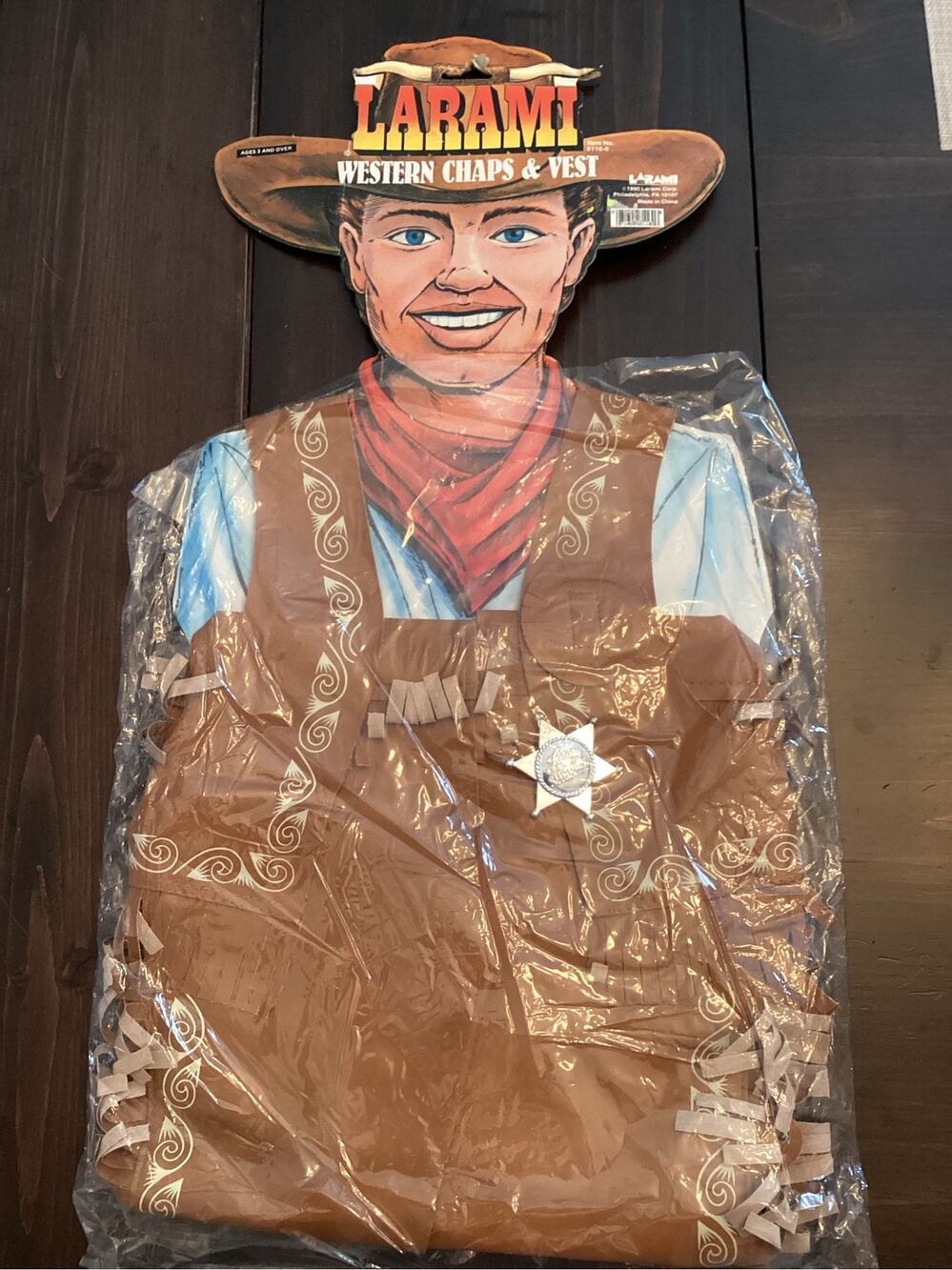 NIB Vtg 1990 Larami Western Cowboy Sherriff Vest & Chaps Vinyl Outfit Tan Kids